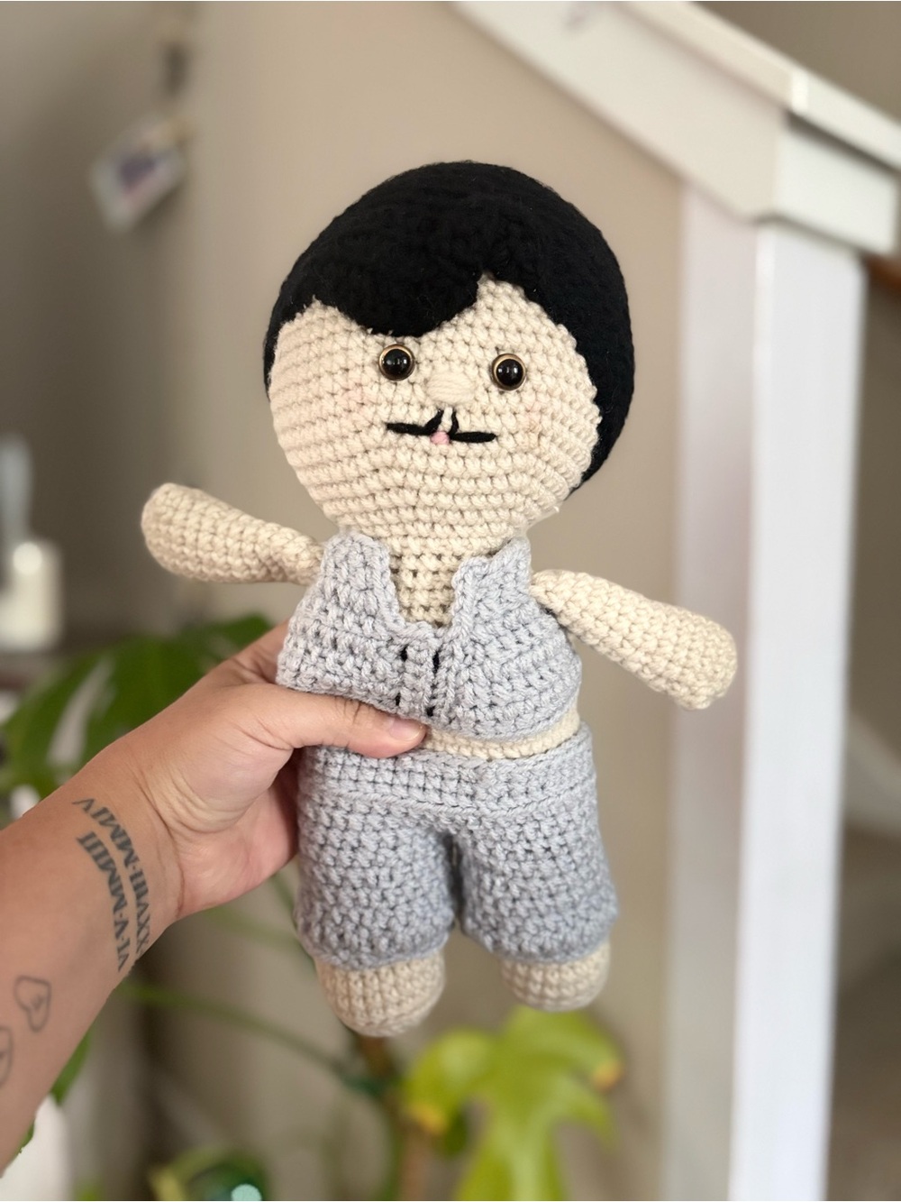 handmade crochet Amigurumi
 Bob from Bob’s Burgers in Cream & Light Gray